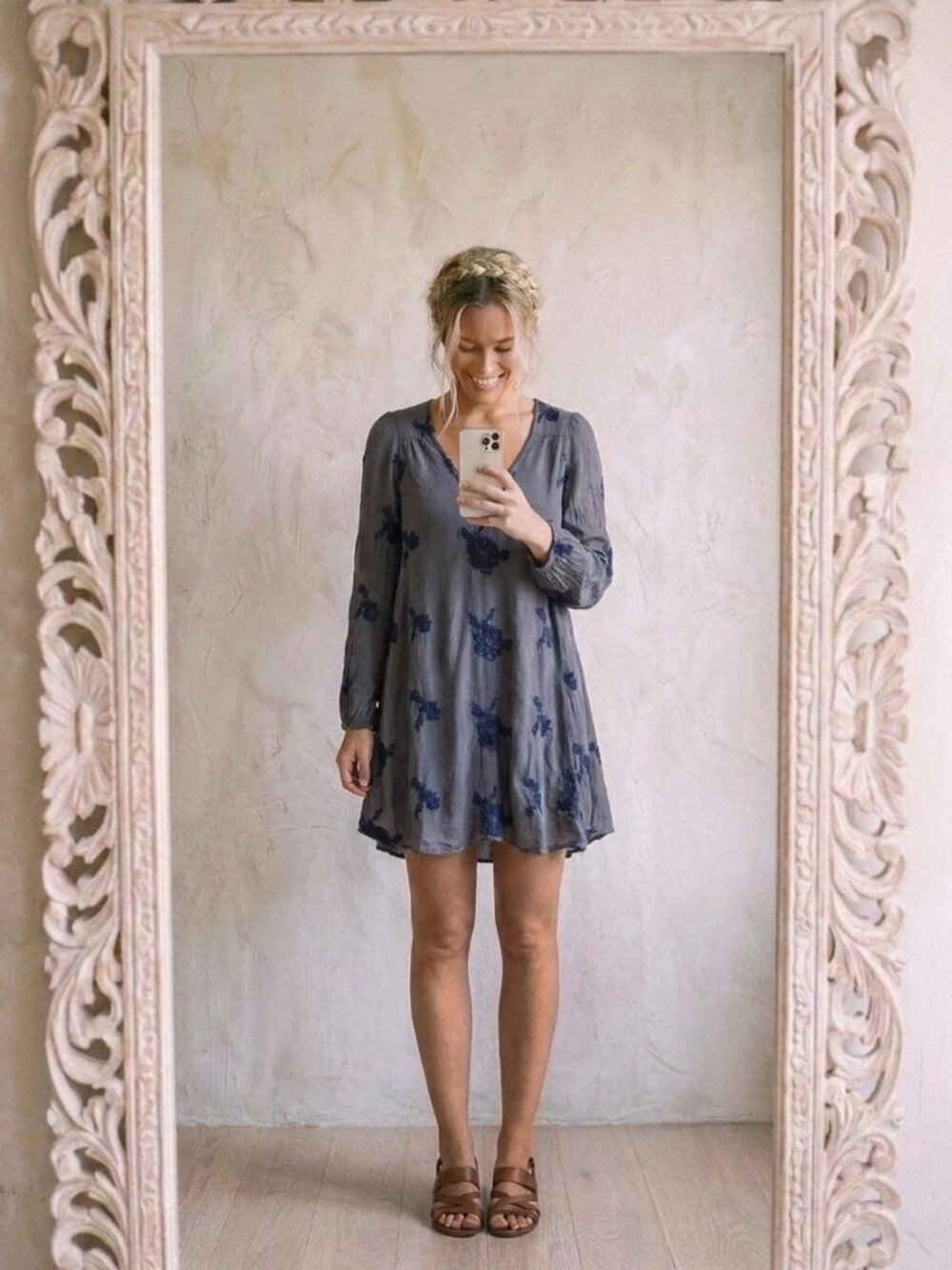 Slate Blue Free People Embroidered Cutout Back Long Sleeve Tunic Dress